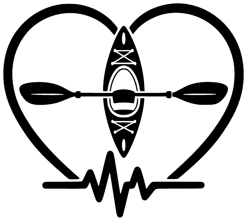 Kayaking heart beat vinyl decal: black-and-white heart with kayak paddle and pulse line