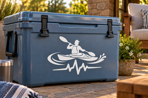 Kayaking athlete pulse vinyl decal: white kayaking silhouette with heartbeat line on cooler