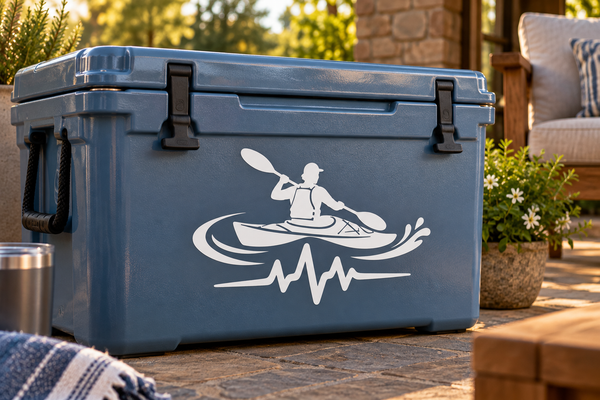 Kayaking athlete pulse vinyl decal: white kayaking silhouette with heartbeat line on cooler