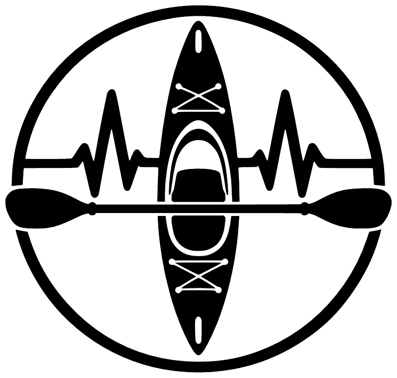Circular black-and-white kayaking rhythm badge vinyl decal with kayak icon and heartbeat