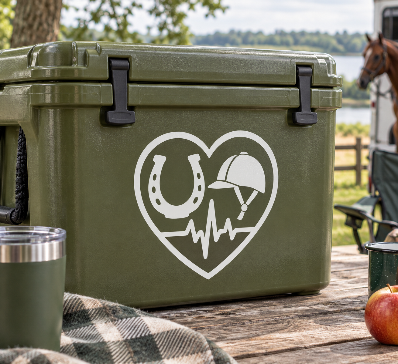 Equestrian heart beat vinyl decal on olive green surface; horseshoe heart with heartbeat line