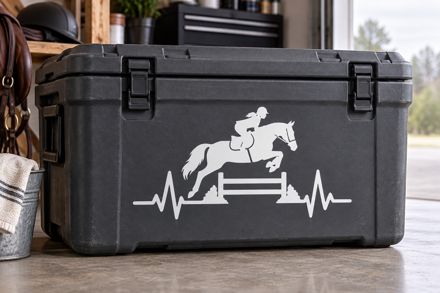 Equestrian rider pulse vinyl decal silhouette with heartbeat line, white on black.