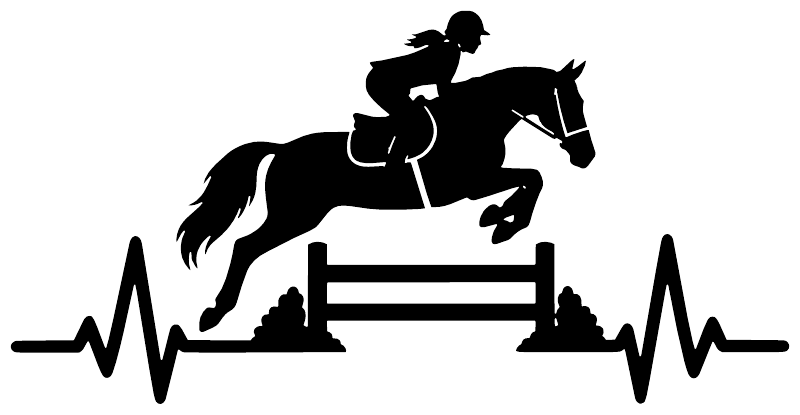 Equestrian rider and horse pulse vinyl decal silhouette with heartbeat line, black.