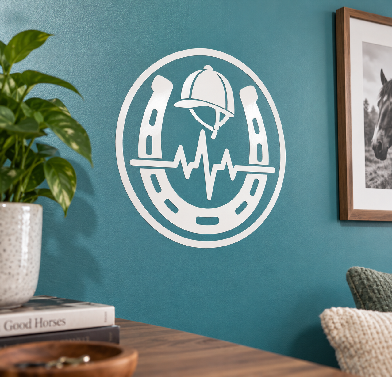 Equestrian rhythm badge vinyl decal, round white border with rider and heartbeat waveform
