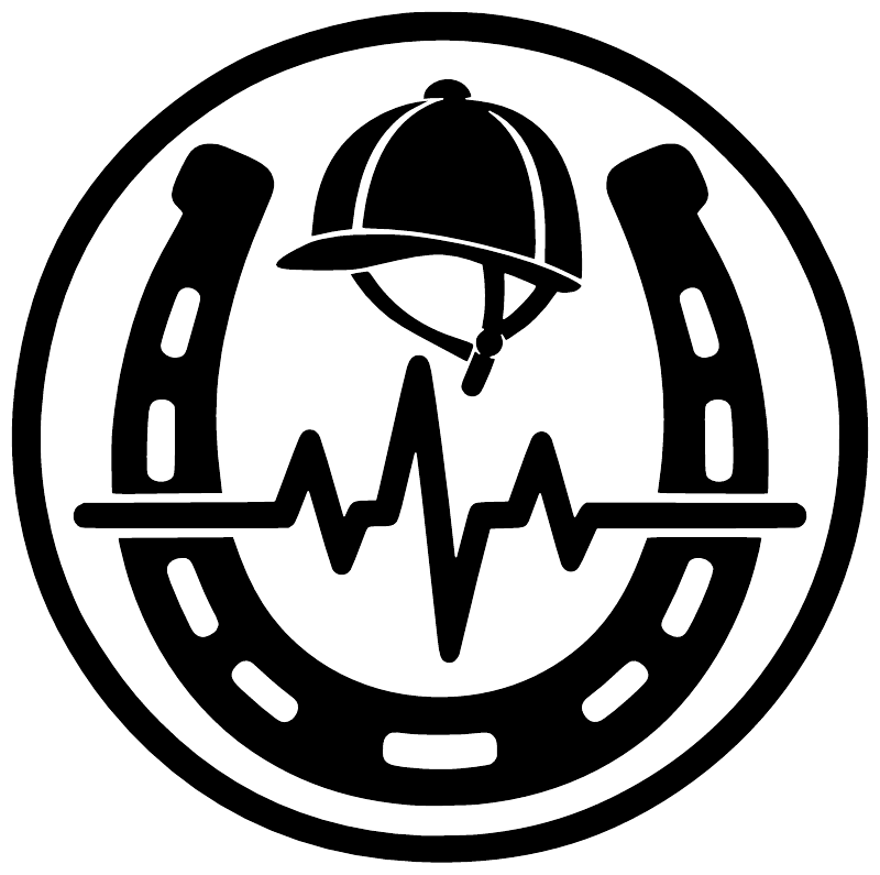 Equestrian rhythm badge vinyl decal, black circle with helmeted rider and heartbeat waveform