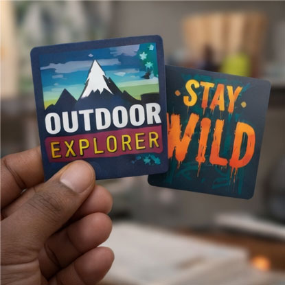 Square outdoor stickers with mountain graphic; text OUTDOOR EXPLORER and STAY WILD