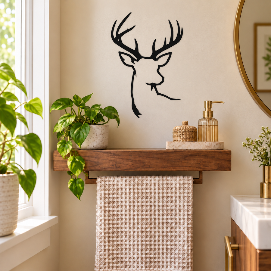 Black antlered stag head open-contour vinyl wall decal.
