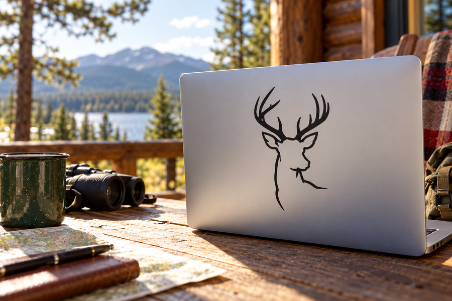 Antlered deer head outline vinyl decal on a light-colored laptop lid