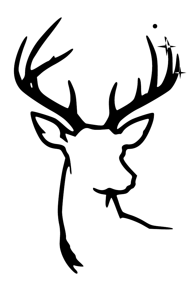Black open-contour stag head wall silhouette with small constellation sparkle accents
