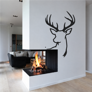 Open-contour stag head wall art in black metal silhouette, antlers and profile.