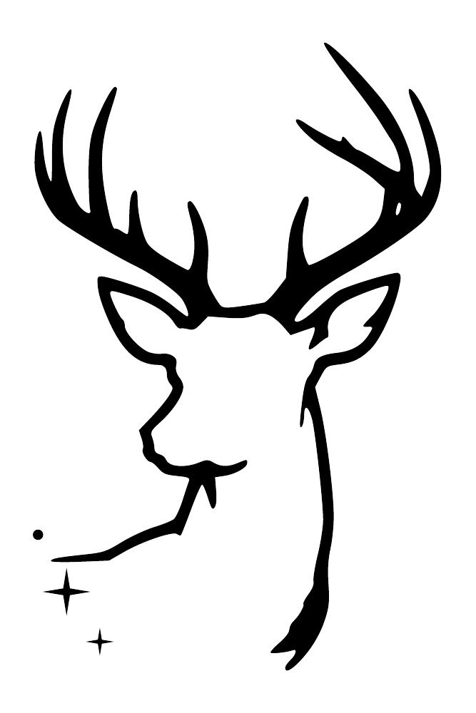 Black open-contour stag head wall art with antlers, star spark trail accents.