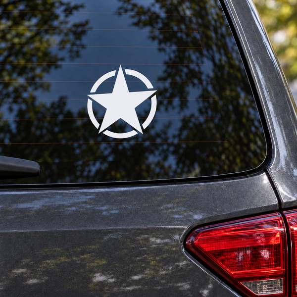 White five-point star vinyl decal with broken circular ring