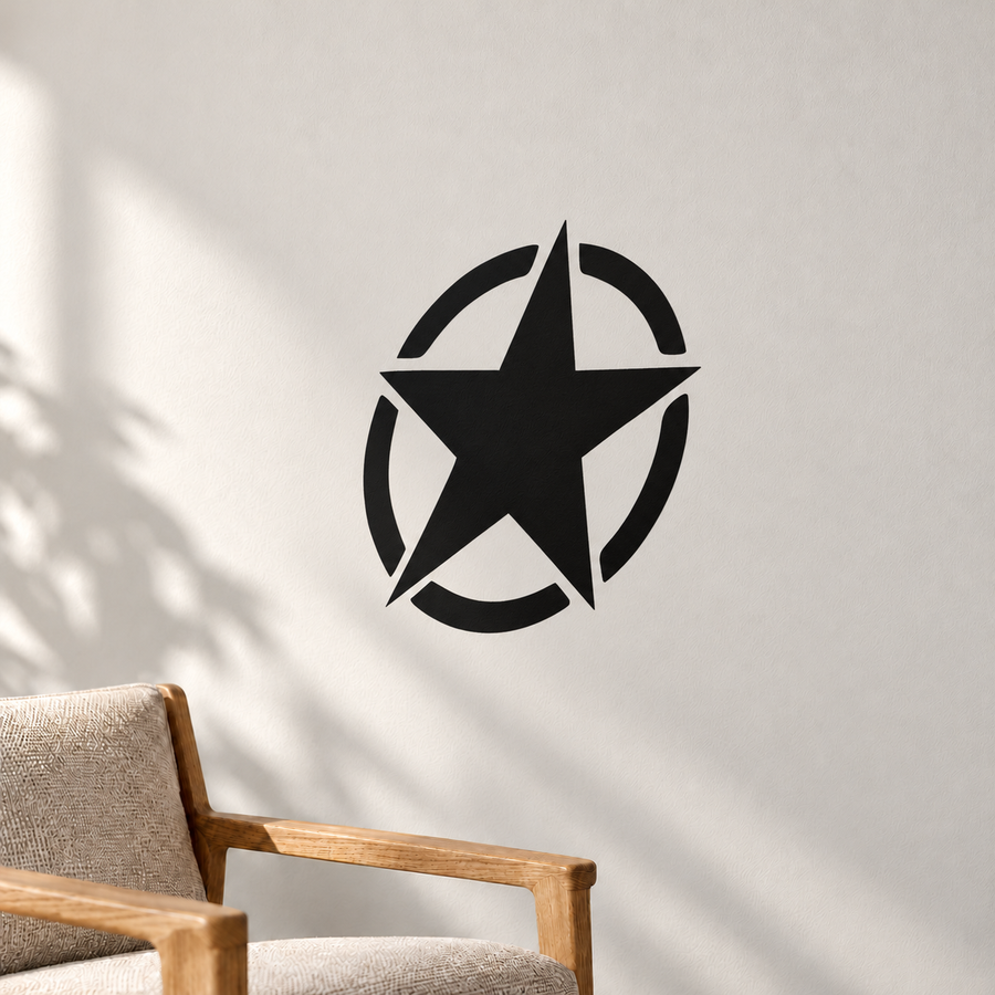 Black star emblem vinyl decal with open circle segments, centered on a surface