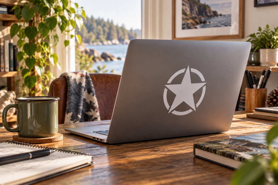 Star vinyl decal with separated ring, shown on a laptop screen