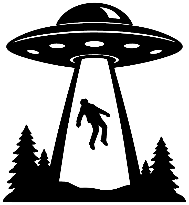 Close-up UFO vinyl decal: black saucer, white beam, alien silhouette, pine trees