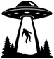 Close-up UFO vinyl decal: black saucer, white beam, alien silhouette, pine trees