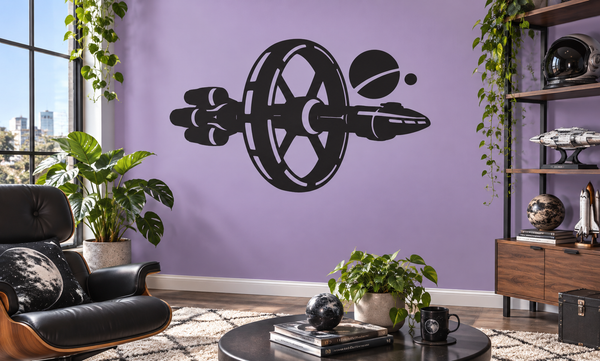 Ring engine cruiser vinyl decal, black sci-fi ring engine with winged thrusters