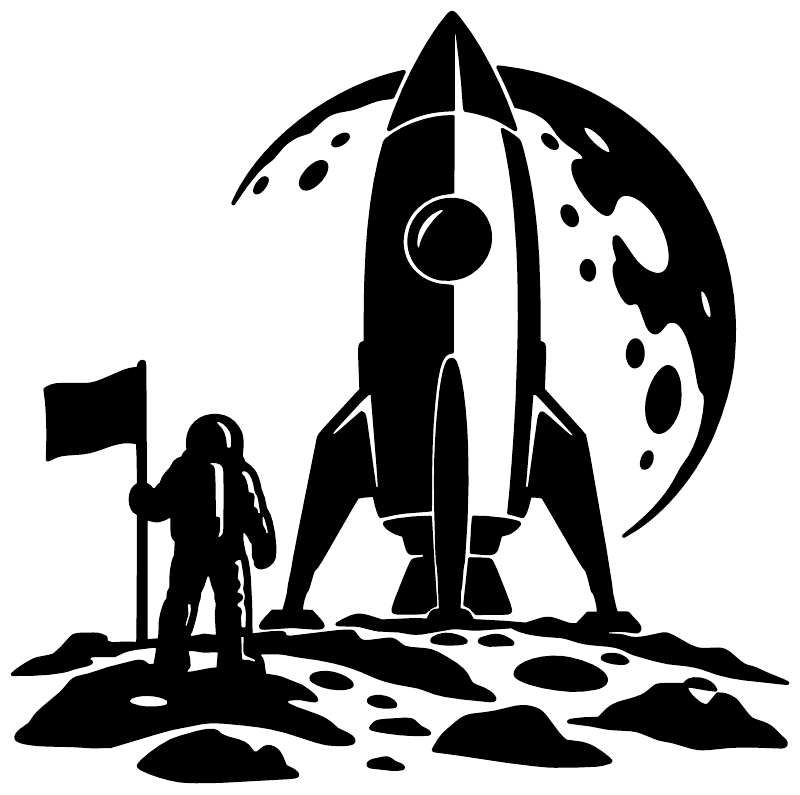 Black rocket moon landing vinyl decal with astronaut, flag, and cratered lunar ground
