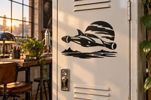 Black starship vinyl decal with sweeping tail and foreground waves on a door