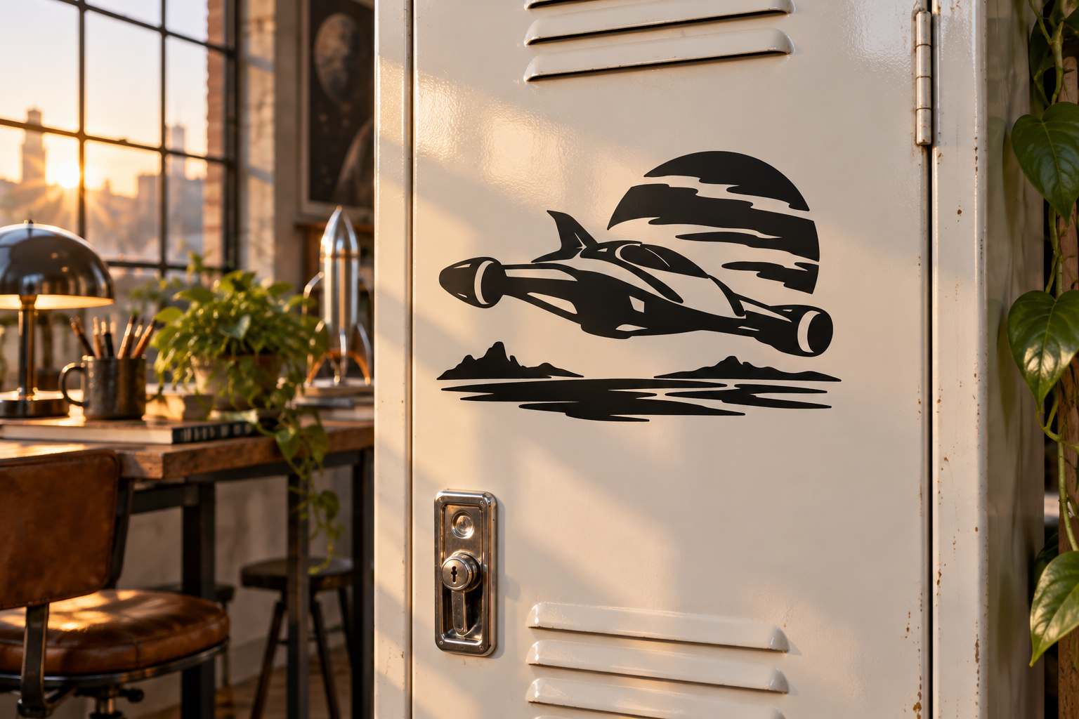 Black starship vinyl decal with sweeping tail and foreground waves on a door