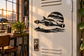 Black starship vinyl decal with sweeping tail and foreground waves on a door