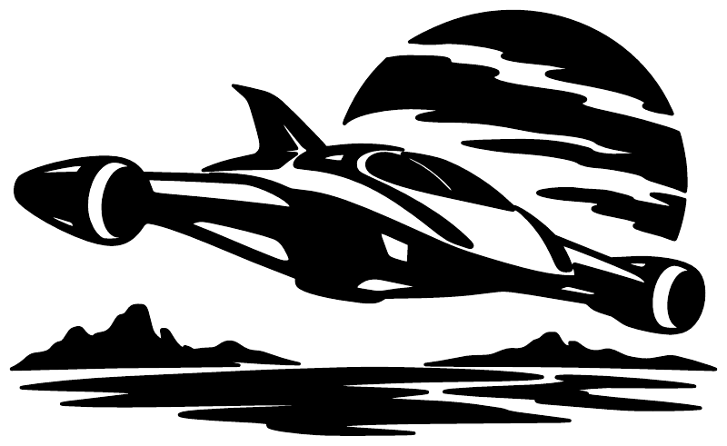 Black starship vinyl decal with planet-arc horizon and stylized ground