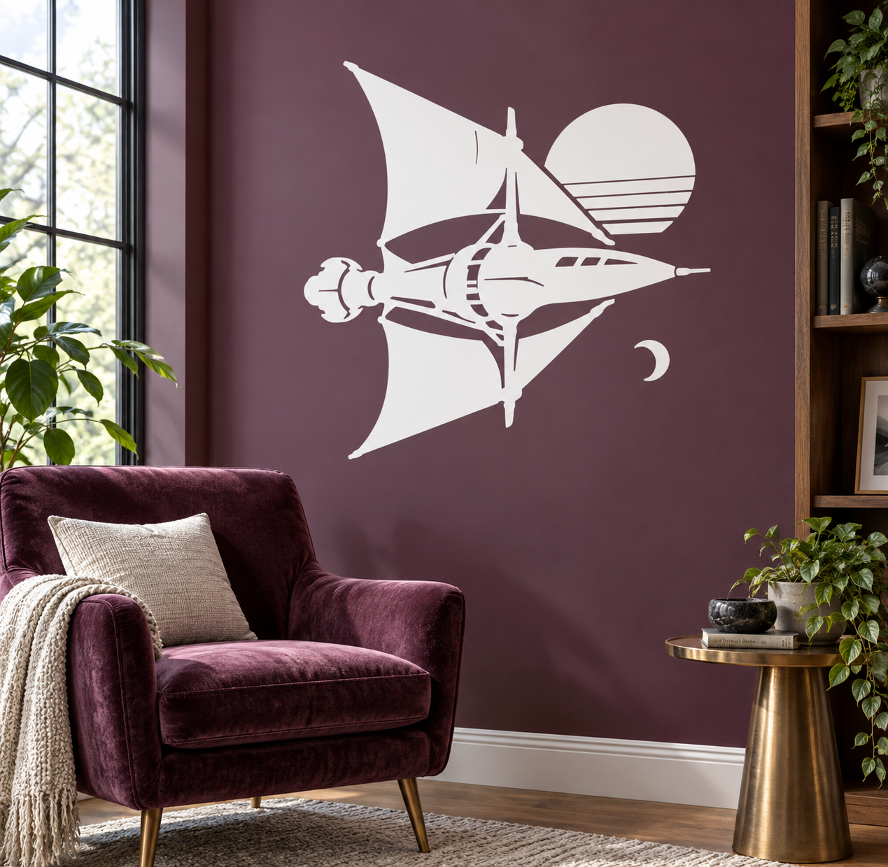 White vinyl solar sail ship decal with planet and moon silhouettes