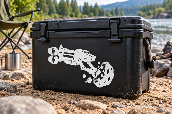 Vinyl decal with asteroid miner cannon and debris splash, white on black