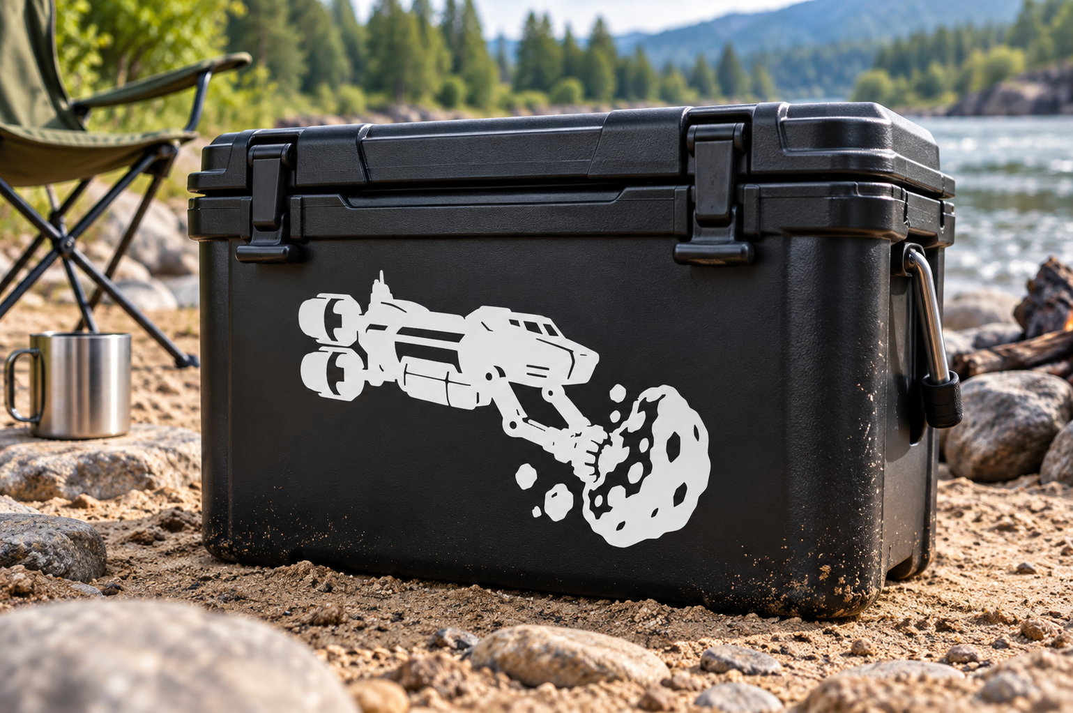 Vinyl decal with asteroid miner cannon and debris splash, white on black