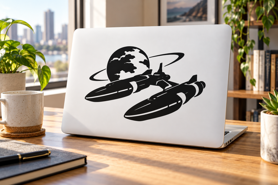 Black starship vinyl decal sticker with globe, on white backing
