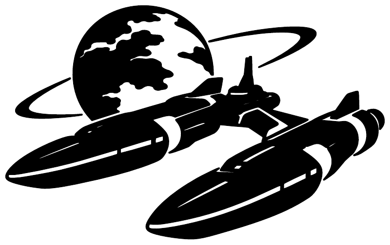 Black starship and globe vinyl decal sticker, close-up on white background