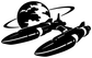 Black starship and globe vinyl decal sticker, close-up on white background