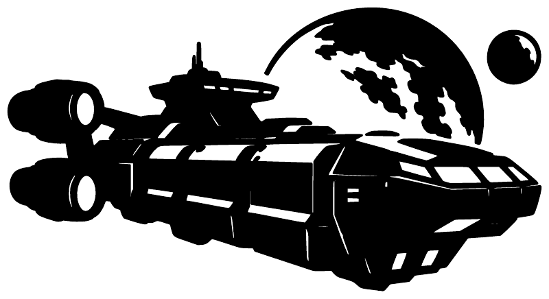 Black vinyl decal of deep space freighter with planet and circular elements