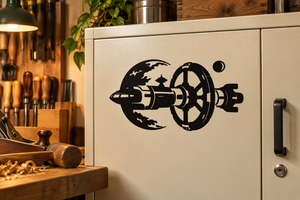 Black starship docking ship vinyl decal on cabinet door
