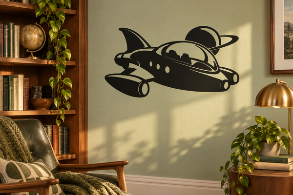 Retro bubble ship vinyl decal, black and light gray starship with bubble canopy.