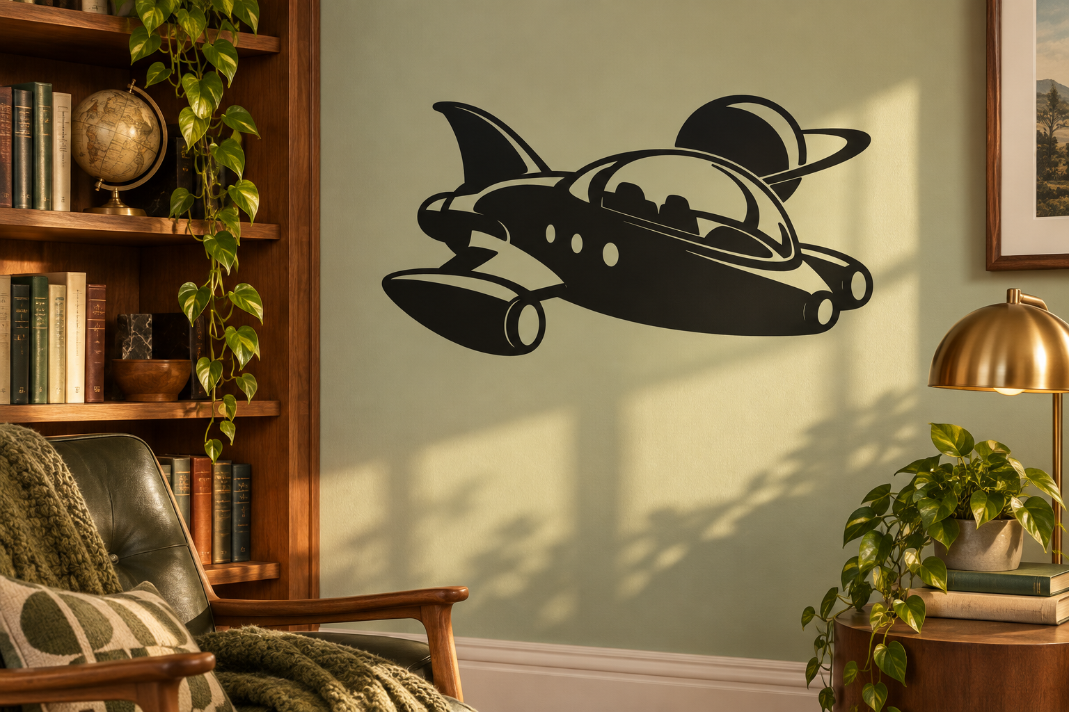 Retro bubble ship vinyl decal, black and light gray starship with bubble canopy.