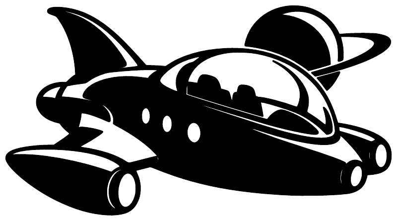 Retro bubble ship vinyl decal, black starship with gray bubble cockpit and boosters.