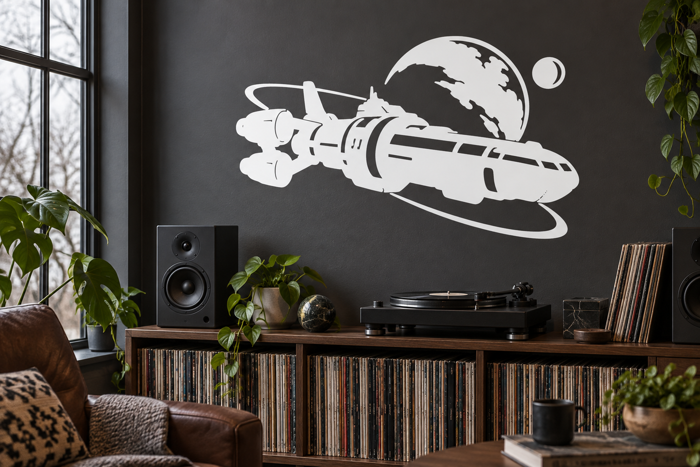 White space explorer vinyl decal with rocket, globe, and moon ring