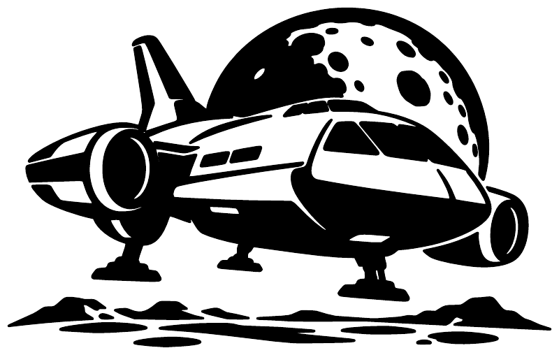 Moon base shuttle vinyl decal, bold black silhouette with cratered moon and landing gear