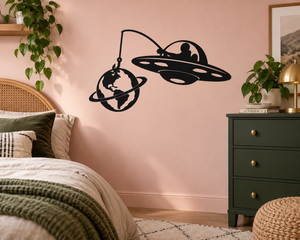 Black vinyl decal of a flying saucer with globe and ring orbit lines
