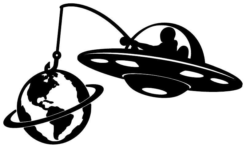 Black vinyl decal close-up of a flying saucer with globe and orbit rings
