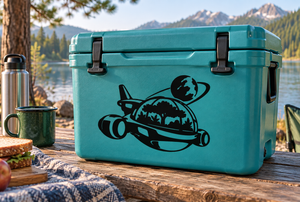 Teal cooler with black space capsule vinyl decal: planet and rocket