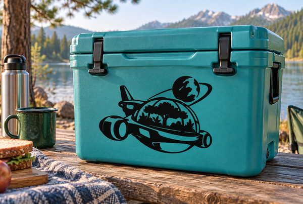 Teal cooler with black space capsule vinyl decal: planet and rocket