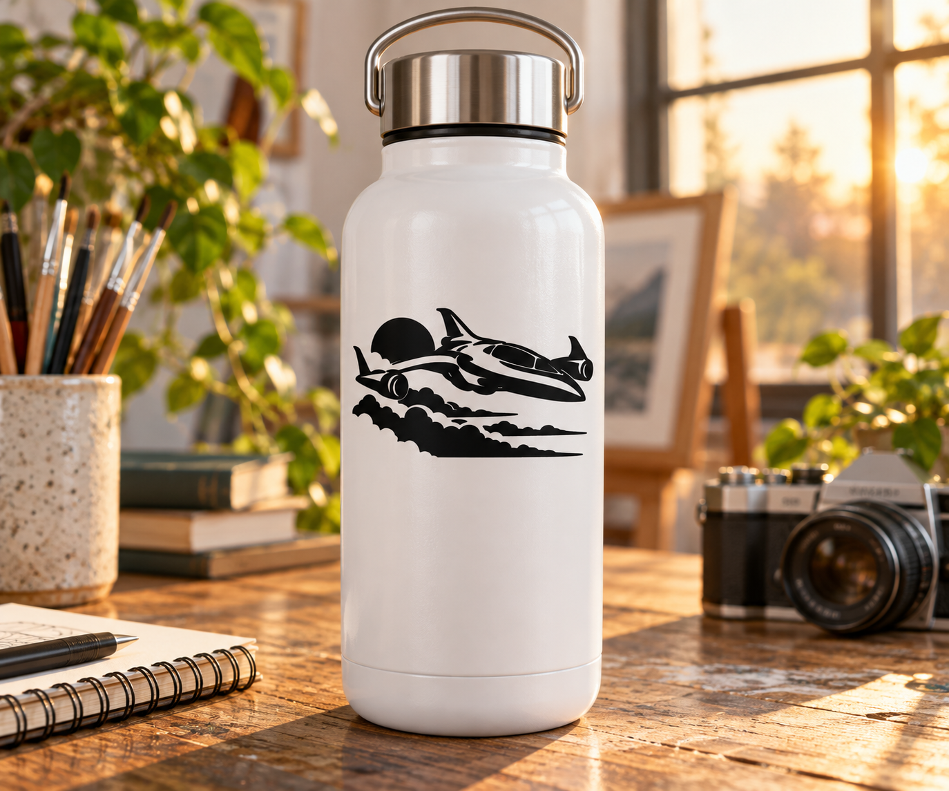 White bottle with black starship vinyl decal over skimming clouds