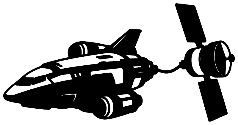 Satellite tow ship vinyl decal: black spacecraft with towing arm and thruster pod