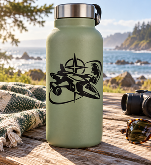 Black starship compass vinyl decal on green bottle