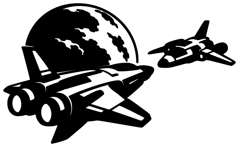 Standalone two-ship rendezvous vinyl decal with globe and two spacecraft silhouettes