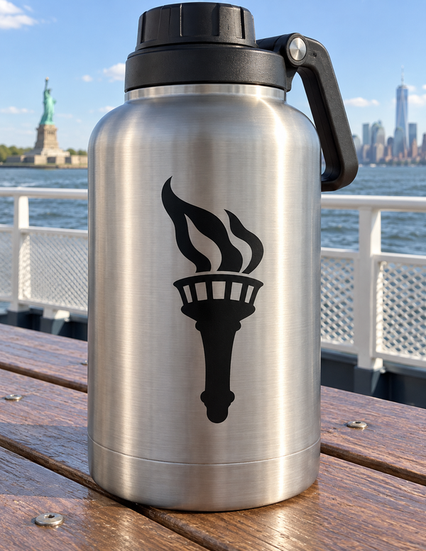 Vinyl torch flame decal on stainless steel bottle, black torch icon centered