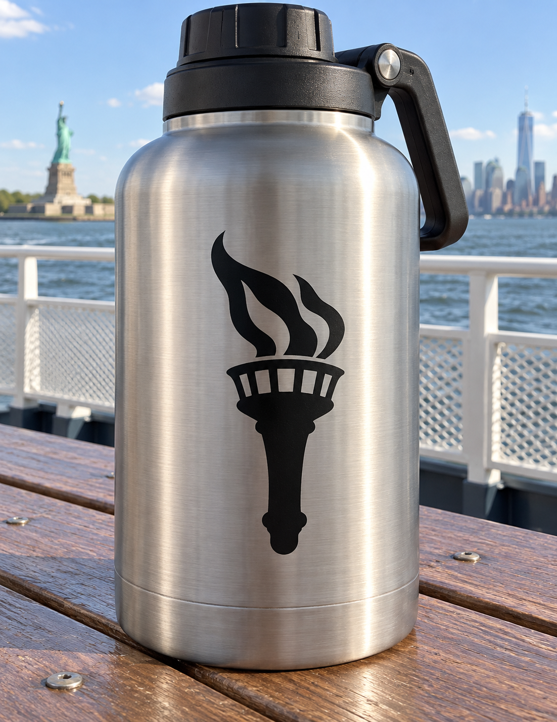 Vinyl torch flame decal on stainless steel bottle, black torch icon centered