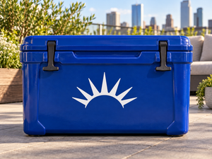 Liberty Crown vinyl decal: black sunburst rays icon on blue rectangle